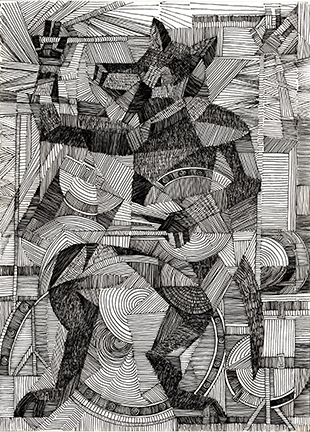 Beatzig the Wolf is an 11 x 15 inch cubist style ink drawing on paper. My interest in music and enjoyment of drawing animals and instruments combines in this style of work. 
